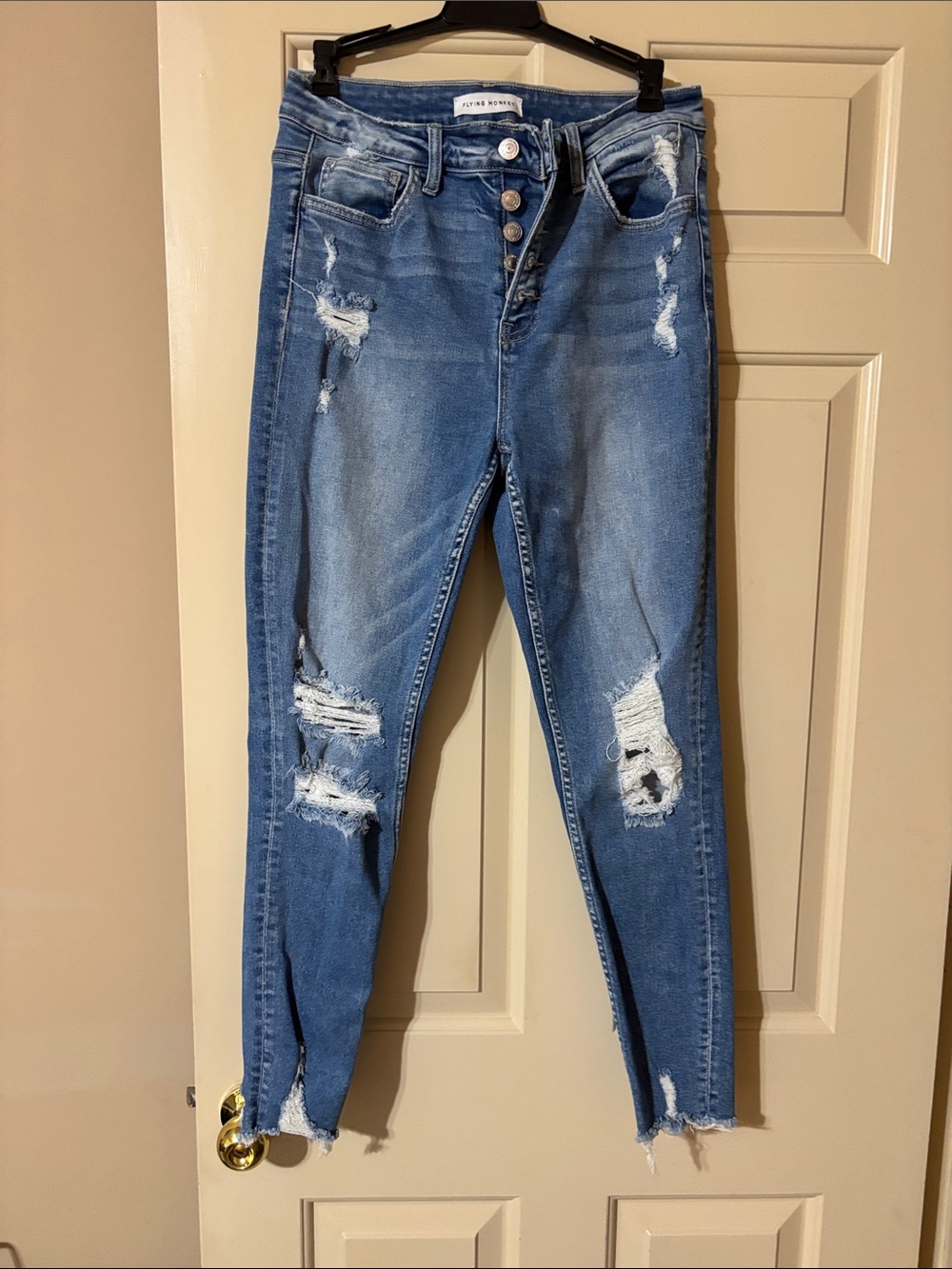 Flying Monkey Distressed Medium Blue Skinny Jeans with Button Fly